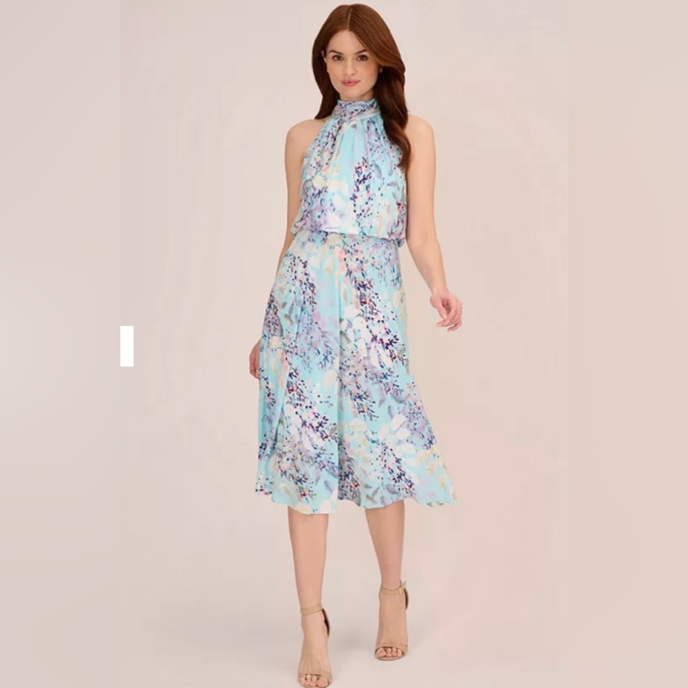 Adrianna Papell Floral Mock Neck
Midi Dress, Light Blue Multi, Size: 2